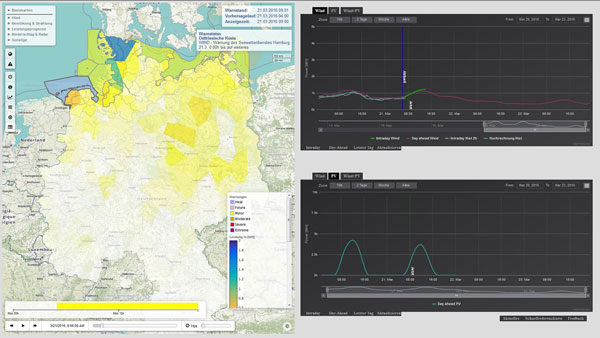 © Photo Fraunhofer IWES The new demonstration platform „EnergyForecaster“ depicts forecasts for the feed of renewable energies in general (left) and for photovoltaics and wind energy in particular (right). Over all, more than 20 different warnings and forecasts can be displayed.