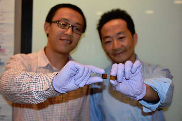 Dr. Yan Jiang holding a freshly made MAPbI3 perovskite solar cell can be seen on the left. MAPbI3 perovskite solar cells