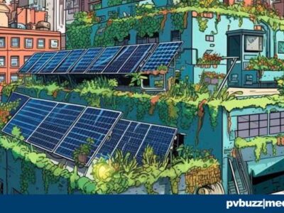 New York City reimagined as a colorful eco-city covered in plants, solar panels, and happy people.