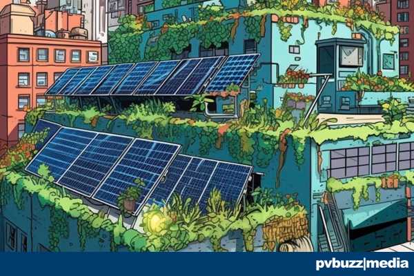 New York City reimagined as a colorful eco-city covered in plants, solar panels, and happy people.