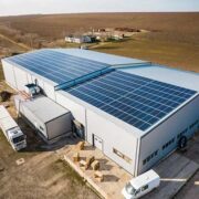 Aerial-view-of-solar-panels-on-roof-of-commercial-manufacturing-building