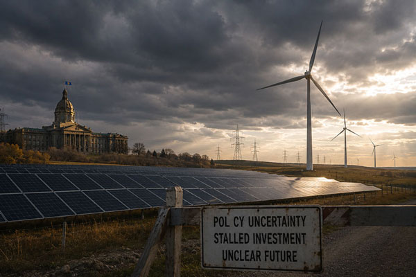 Corporate renewable energy deals in Alberta declined 99% from 2023 to 2025 (PVBuzzMedia).