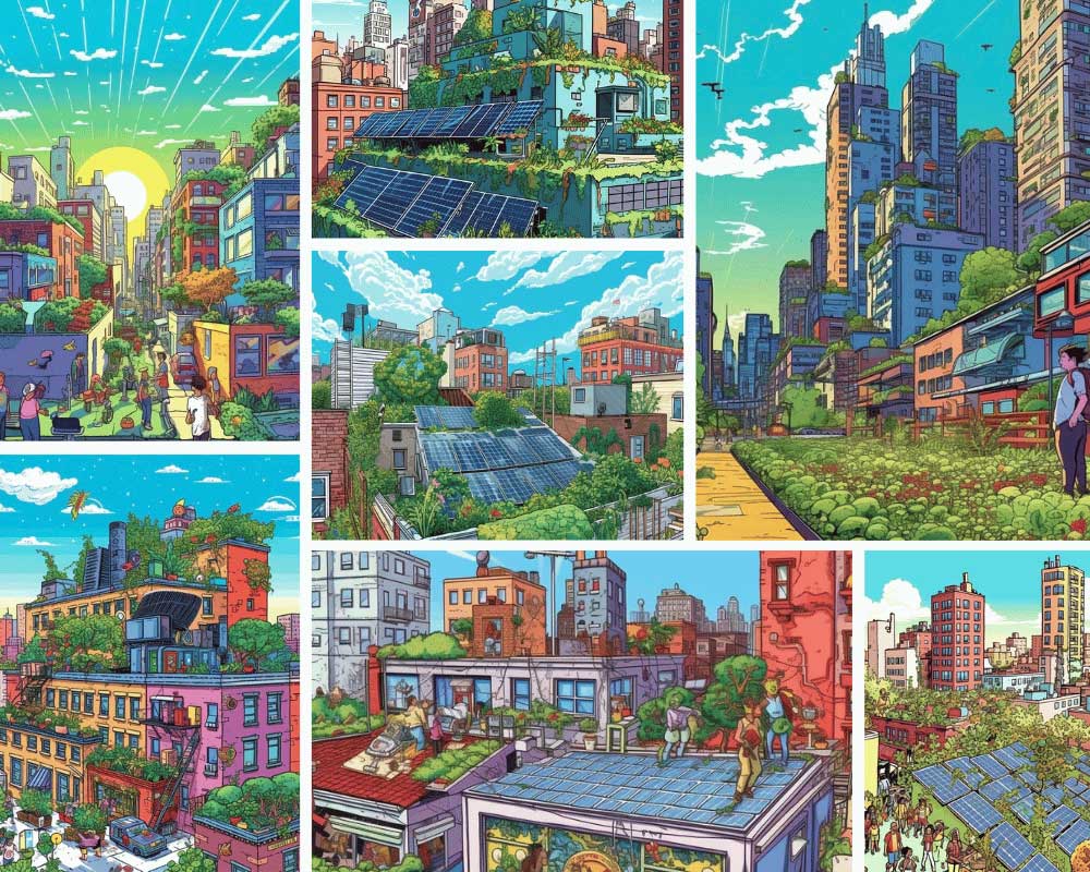 New-York-City-reimagined-as-a-colorful-eco-city-covered-in-plants,-solar-panels,-and-happy-people